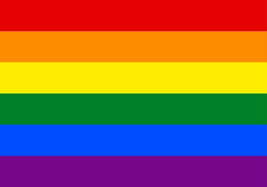 Original rainbow flag made up of burple, blue, green, yellow, orange and red stripes.