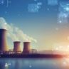 A nuclear power plant at sunset with cooling towers emitting steam, overlaid with transparent digital interface graphics and data icons representing technology and analytics.